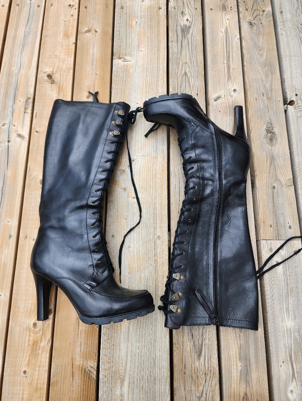 Vintage Ralph Lauren Leather Lace Up 12" Knee High Boots Side Zip 4" Heels 9M